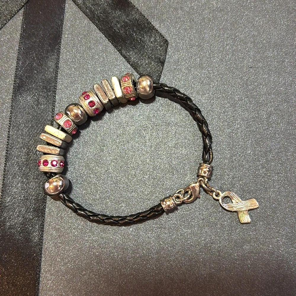 Breast Cancer Awareness Black Faux Leather Bracelet